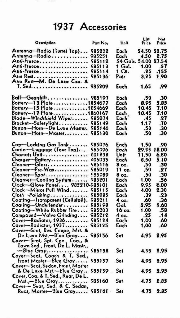1937 Chevrolet Accessories Price List Page 1